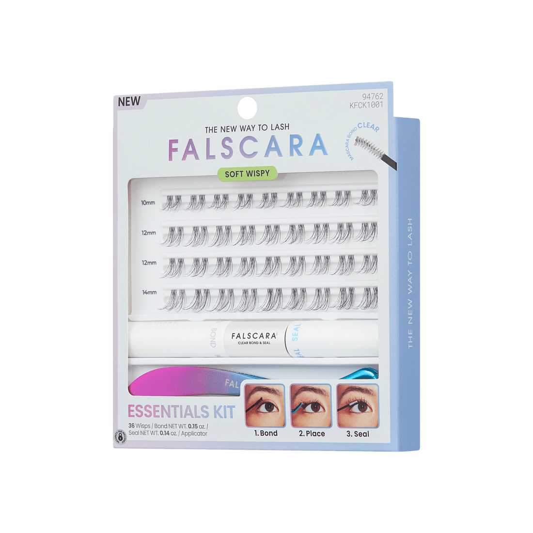 Falscara false eyelash kit packaging on a green background