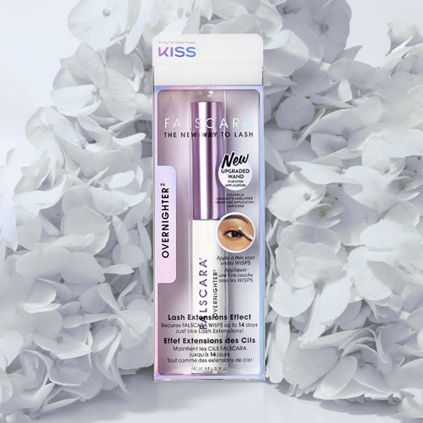 A package of Falscara Overnighter gel with a new, upgraded applicator wand. Overnighter is used to help extend the wear of false lashes for up to 14 days. 