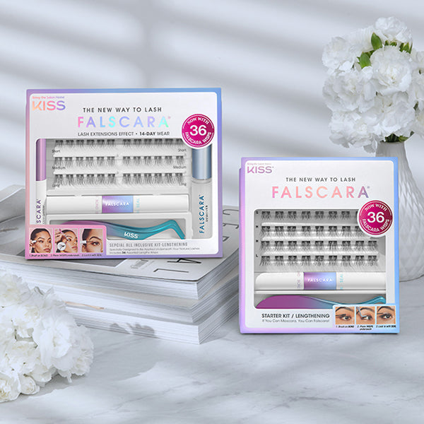Two packages of different Falscara starter kits that include lash application tools and lash clusters. Everything you need to get started with Falscara false lashes. 
