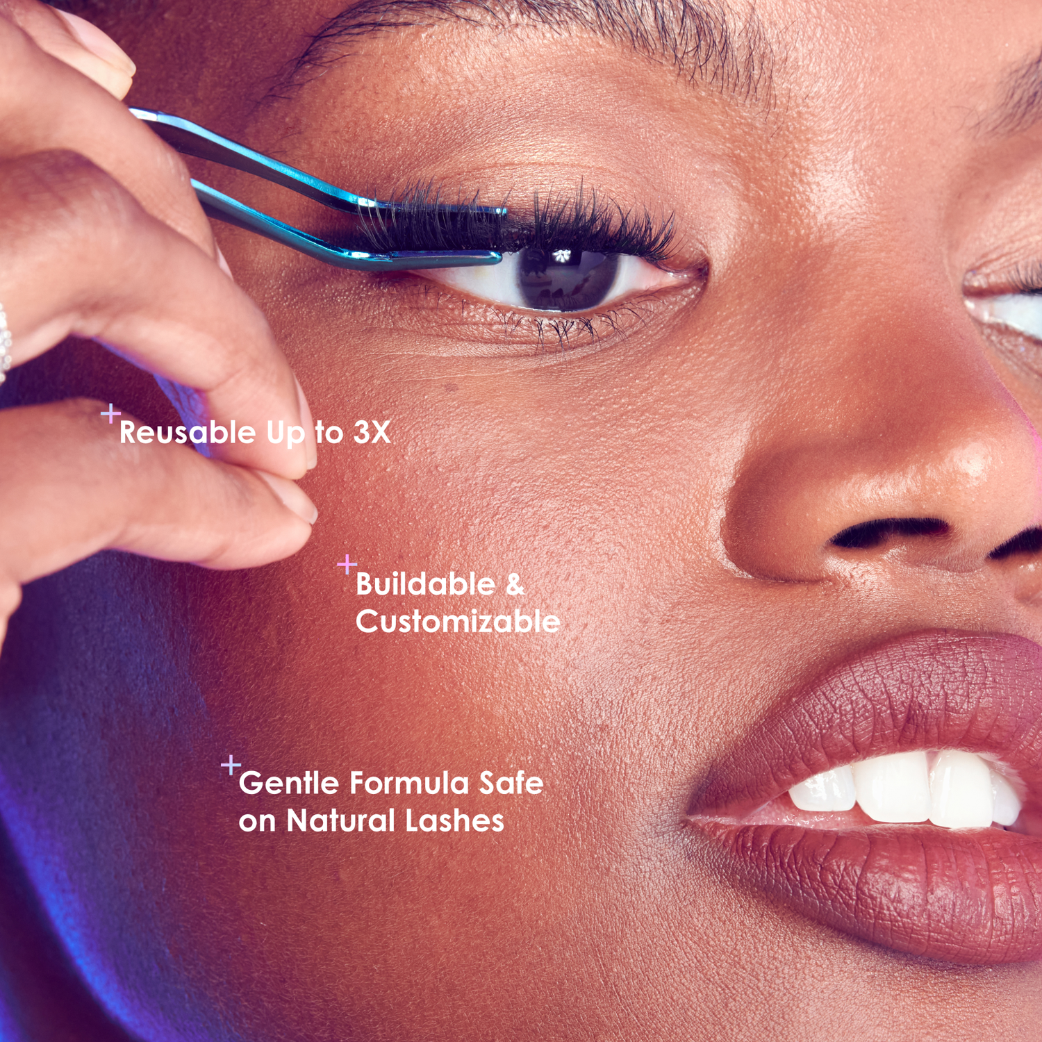 Woman applying false eyelashes with text highlighting features on a close-up of her eye.