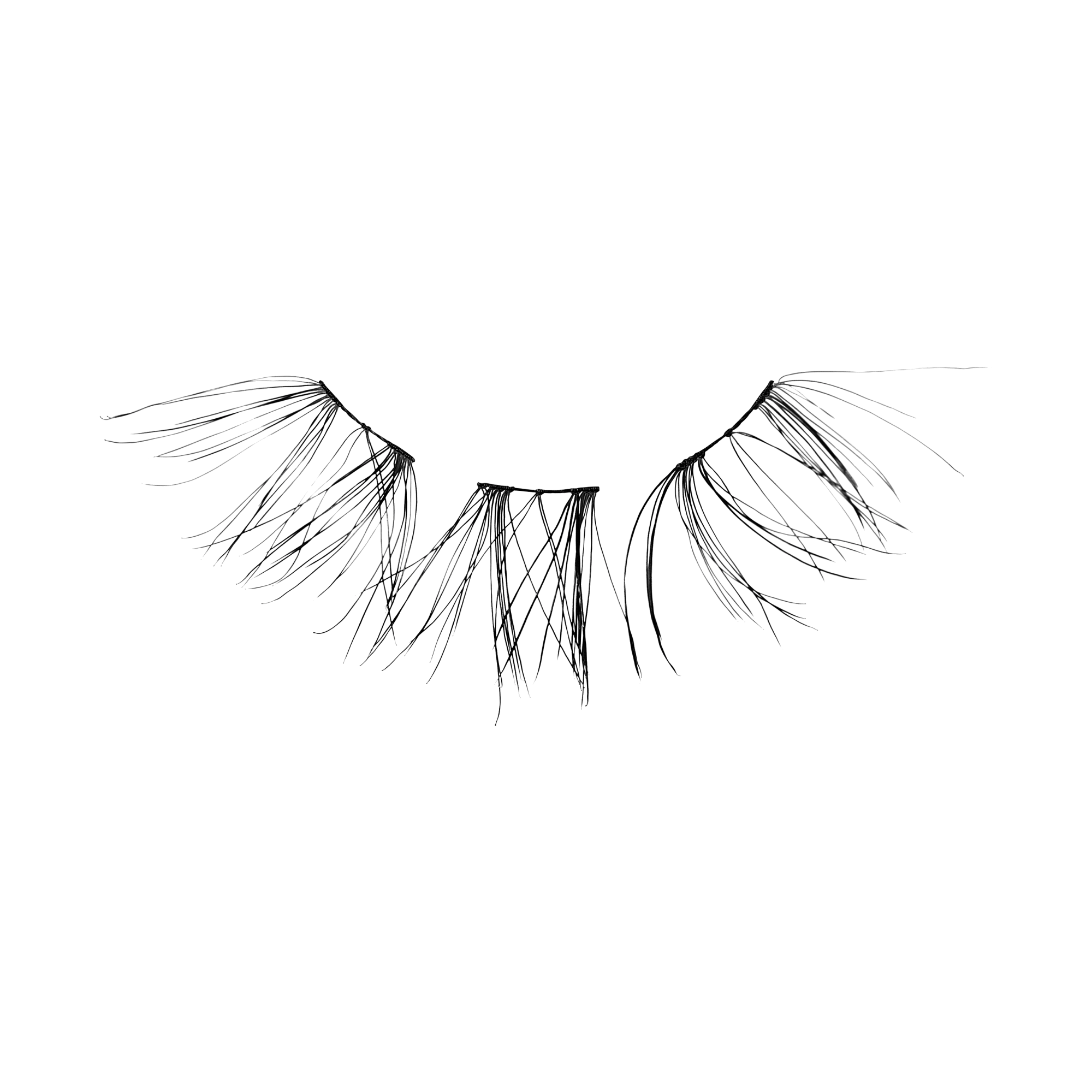 Pair of false eyelashes with wispy, feathered design on white background.