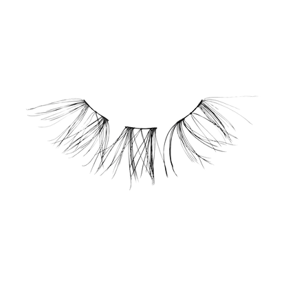 Pair of false eyelashes with wispy, feathered design on white background.
