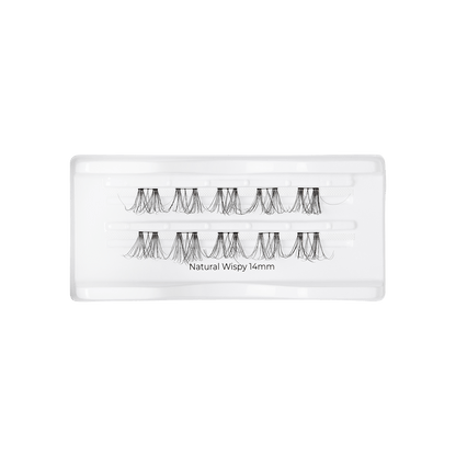 Natural Wispy 14mm false eyelashes in clear case packaging